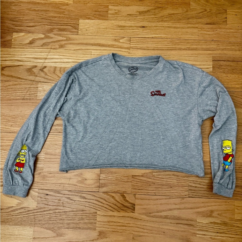 The Simpsons Bart Lisa Grey Crop Top Long Sleeve Embroidered Size M EUC